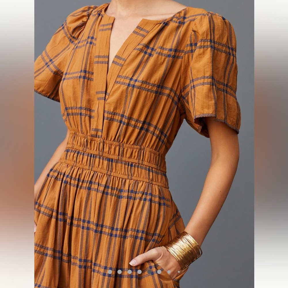 Anthropologie “Maeve” brand Somerset Plaid V-Neck Dress in Brown and Blue